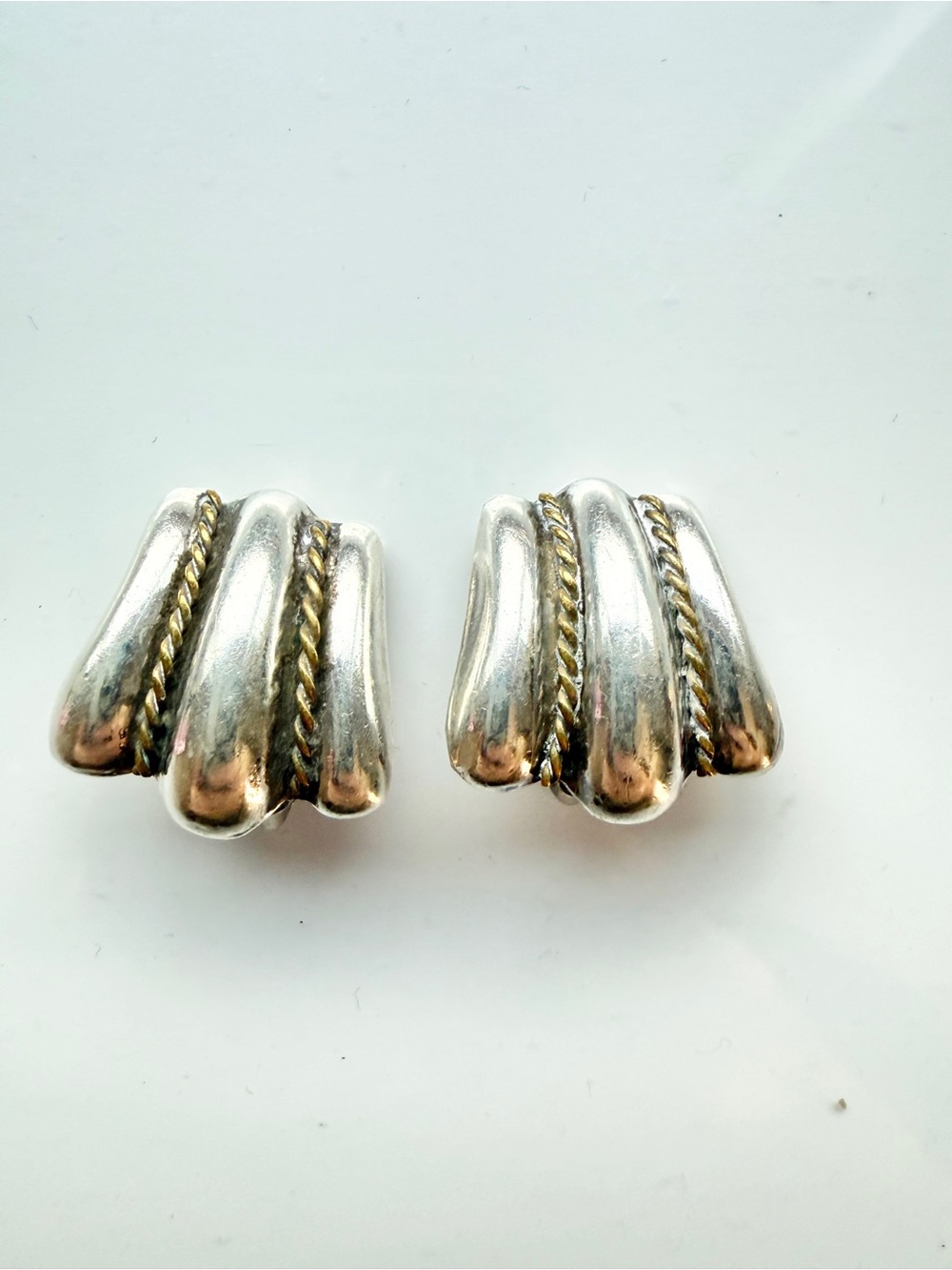 Vintage Taxco Mexico 925 Sterling Silver Gold Rope Clip-On Earrings Modernistj